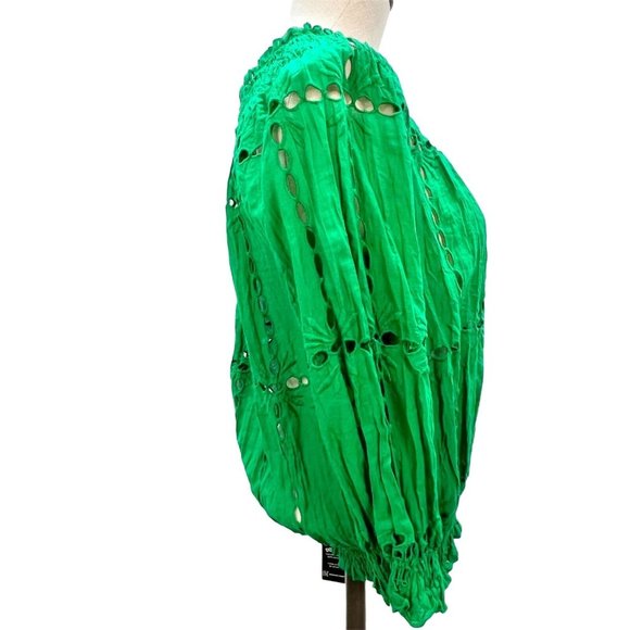 INC Macys Size 4 Green Envy Crinkle Top with Eyelets Off Shoulder - Picture 7 of 11